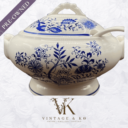 Vintage Floral Tureen Japanese Yanodento Glazed Blue & White with Large Ladle
