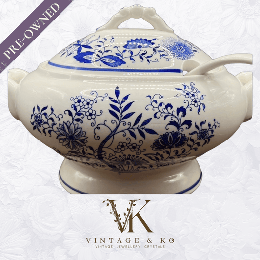 Vintage Floral Tureen Japanese Yanodento Glazed Blue & White with Large Ladle