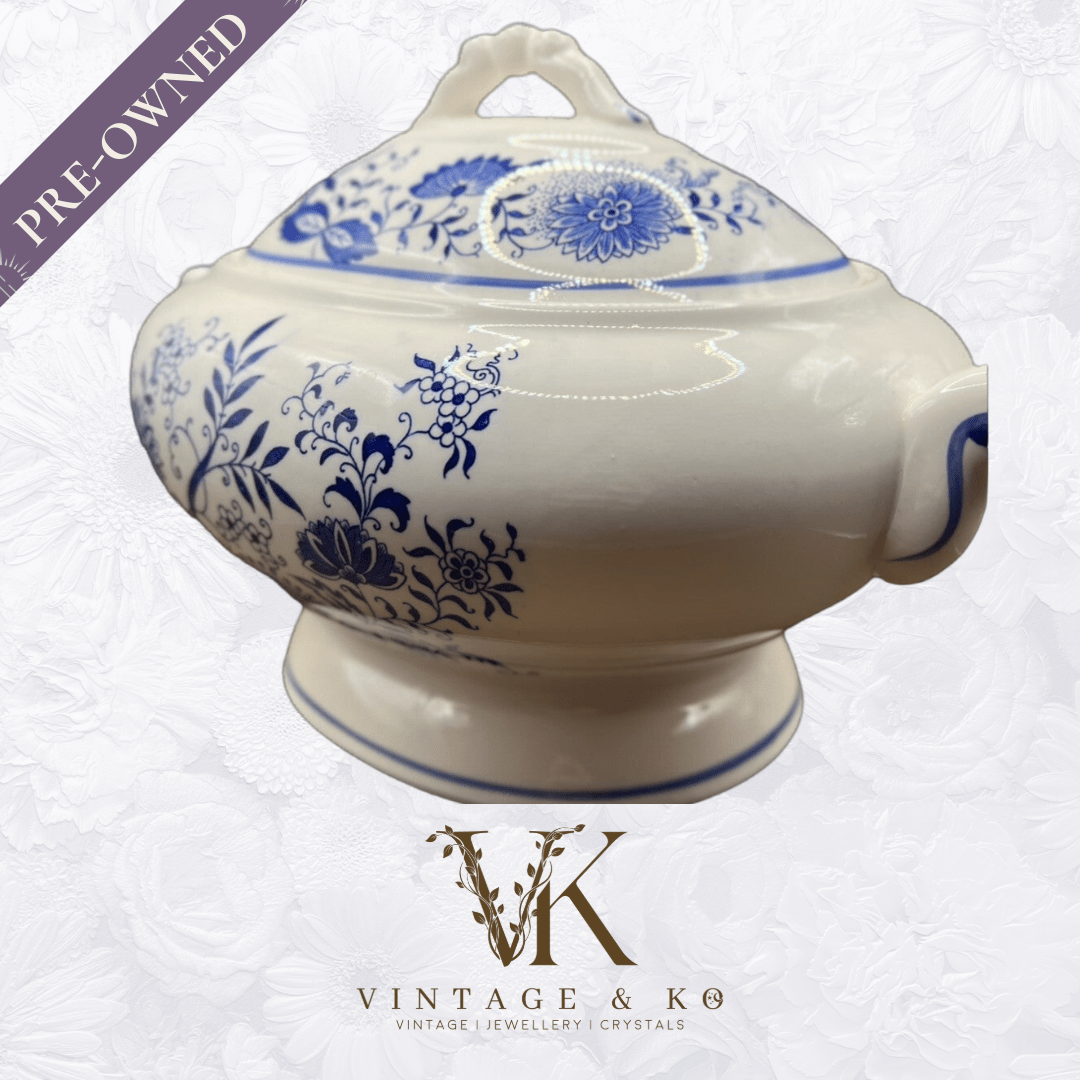 Vintage Floral Tureen Japanese Yanodento Glazed Blue & White with Large Ladle