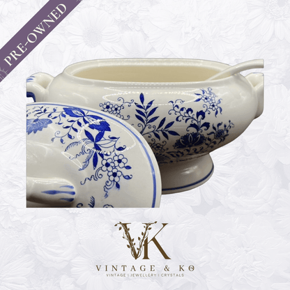 Vintage Floral Tureen Japanese Yanodento Glazed Blue & White with Large Ladle