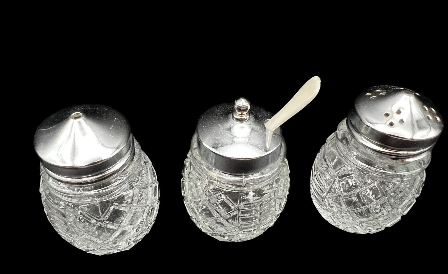 Vintage Glass Condiment Set Salt Pepper Sugar in Metal Caddy Stand Hong Kong