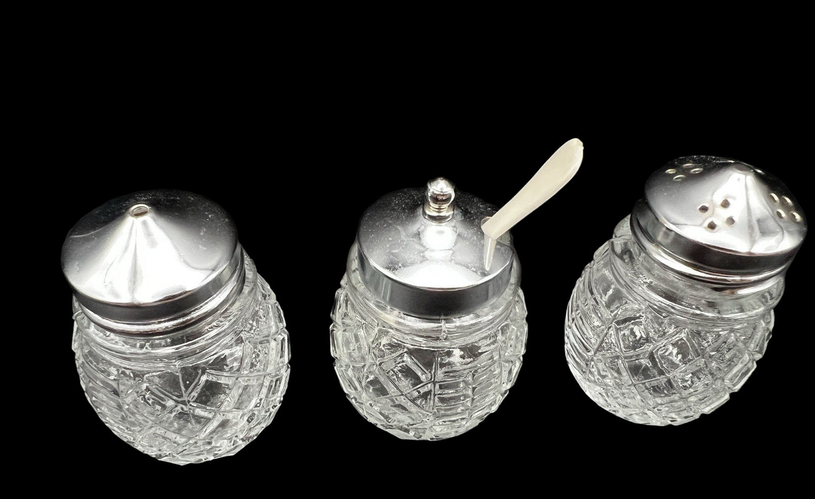 Vintage Glass Condiment Set Salt Pepper Sugar in Metal Caddy Stand Hong Kong