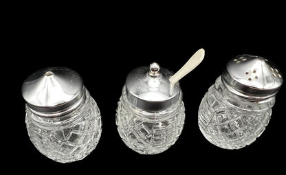 Vintage Glass Condiment Set Salt Pepper Sugar in Metal Caddy Stand Hong Kong