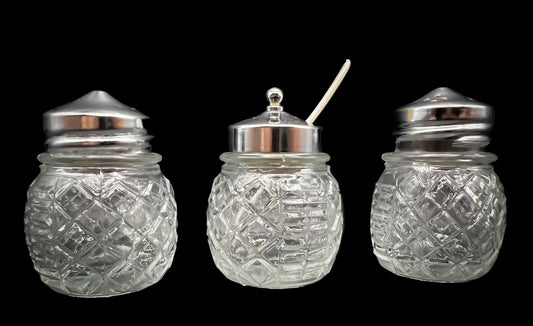 Vintage Glass Condiment Set Salt Pepper Sugar in Metal Caddy Stand Hong Kong