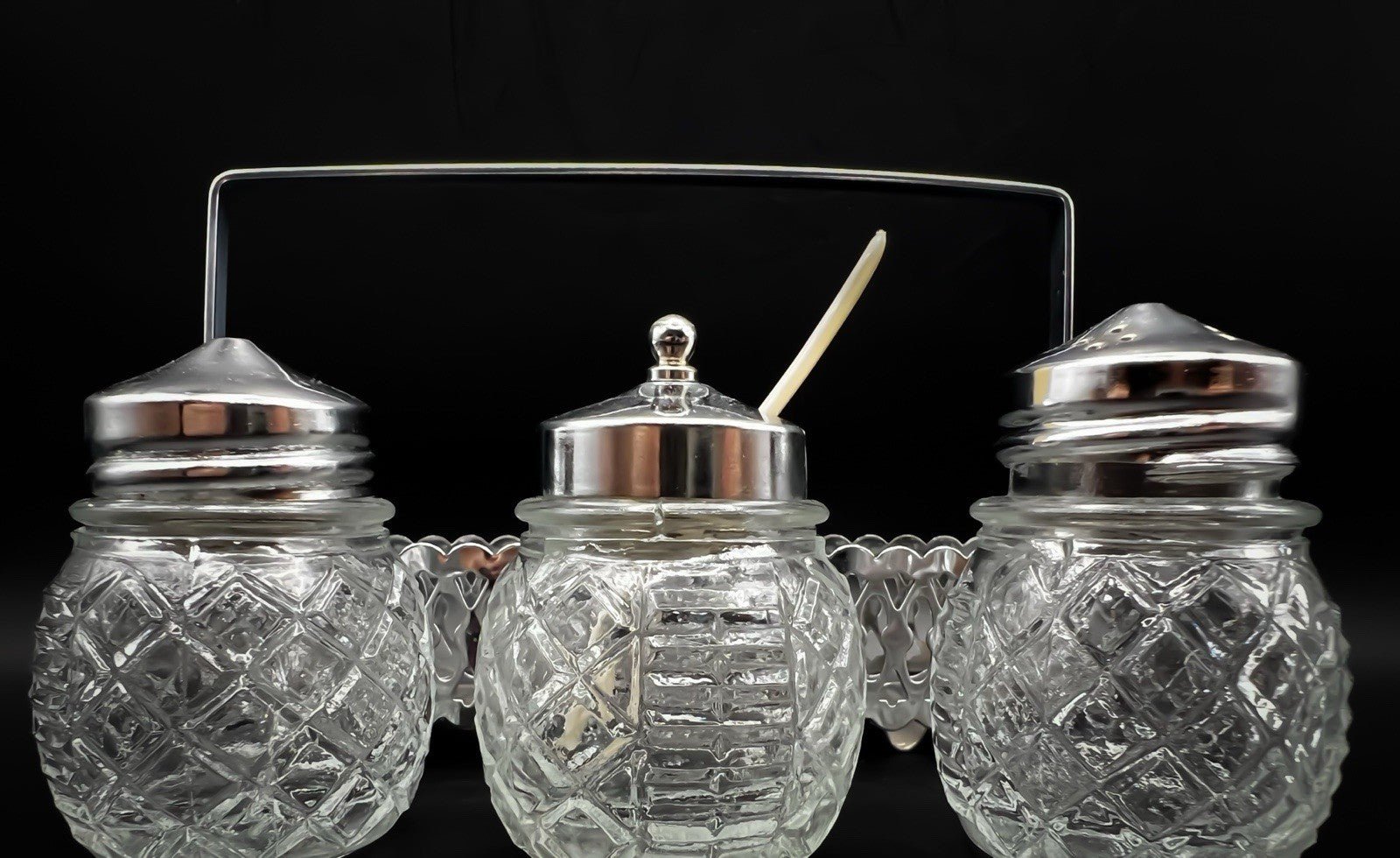 Vintage Glass Condiment Set Salt Pepper Sugar in Metal Caddy Stand Hong Kong