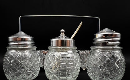 Vintage Glass Condiment Set Salt Pepper Sugar in Metal Caddy Stand Hong Kong