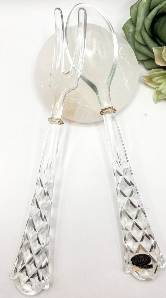 Vintage Glass Serving Utensils - Fork And Spoon Salad | Astra Czechoslovakia