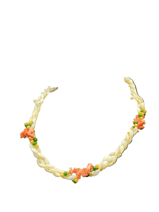 Vintage Jade & Coral Mother Of Pearl Twist Necklace