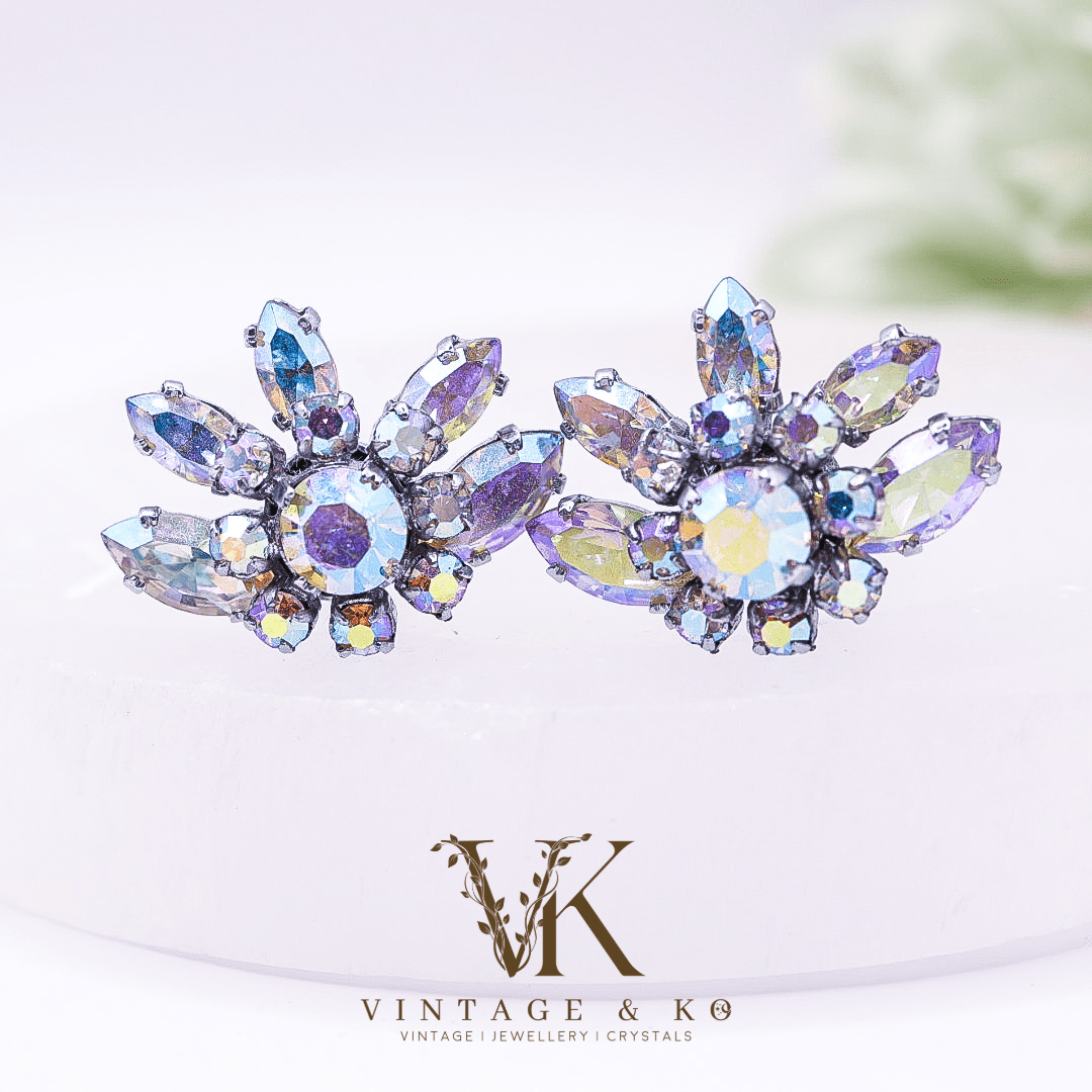 Vintage Purple & Blue Rhinestone Clip - On Earrings