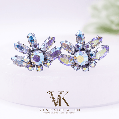 Vintage Purple & Blue Rhinestone Clip - On Earrings