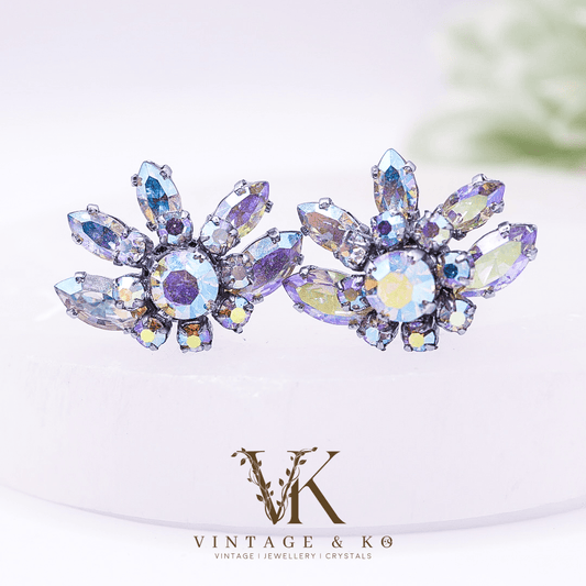 Vintage Purple & Blue Rhinestone Clip - On Earrings