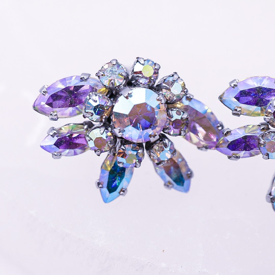 Vintage Purple & Blue Rhinestone Clip - On Earrings