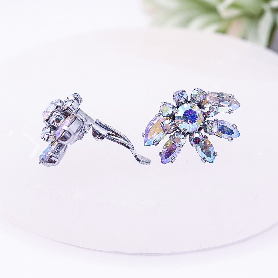 Vintage Purple & Blue Rhinestone Clip - On Earrings