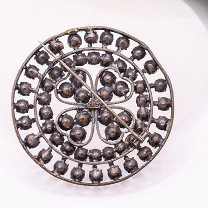 Vintage Round Clover Shaped Brooch With Clear Stones - Stamped Gilt