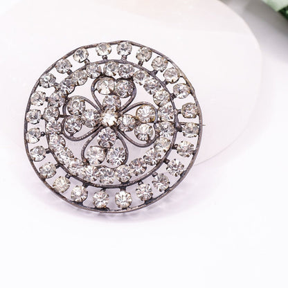 Vintage Round Clover Shaped Brooch With Clear Stones - Stamped Gilt