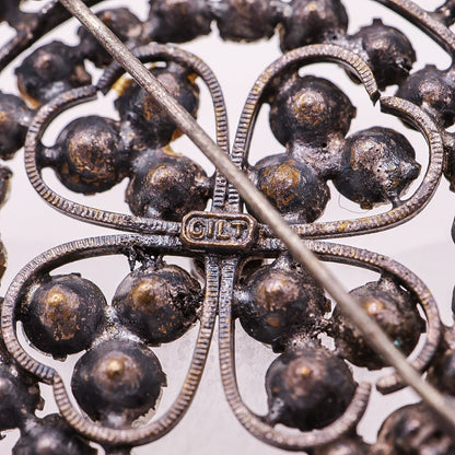 Vintage Round Clover Shaped Brooch With Clear Stones - Stamped Gilt