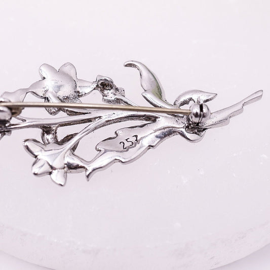 Vintage Silver 257 Stamped Marcasite Floral Brooch