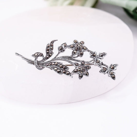 Vintage Silver 257 Stamped Marcasite Floral Brooch