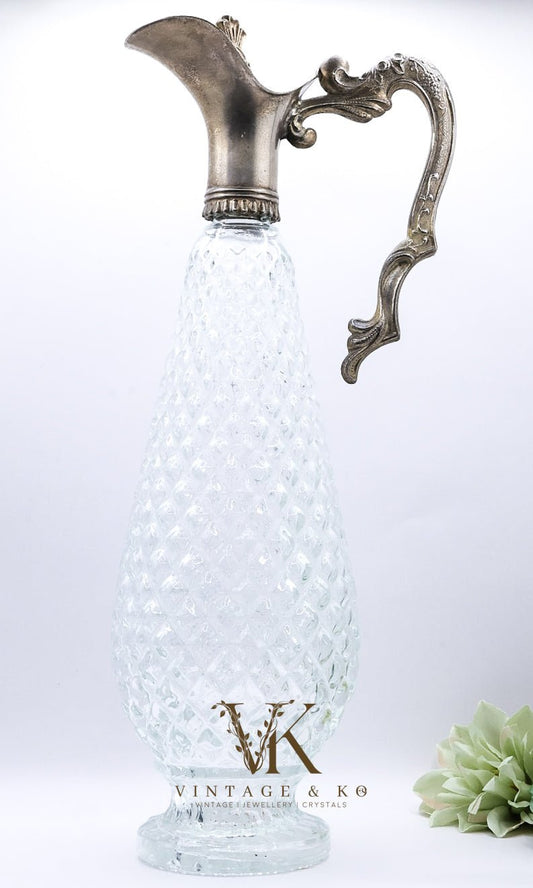 Vintage Silver Plated Italian Diamond Glass Wine Decanter - Elegant Bar Decor