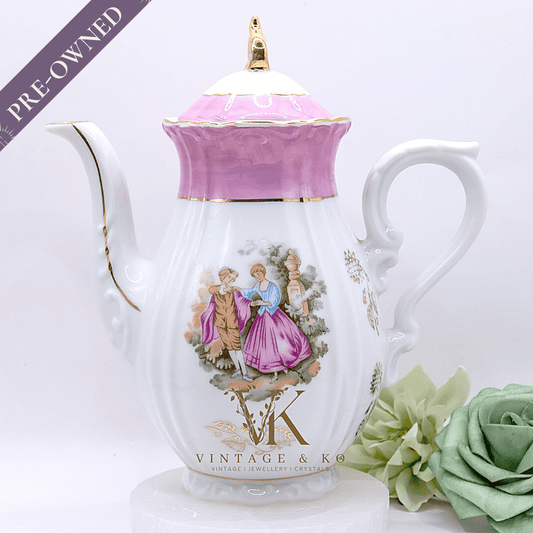 Vintage Victorian Pink & White Hand - Painted Porcelain Teapot
